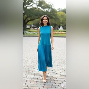 Avara Blue pleated bottom high neck sleeveless maxi dress size large